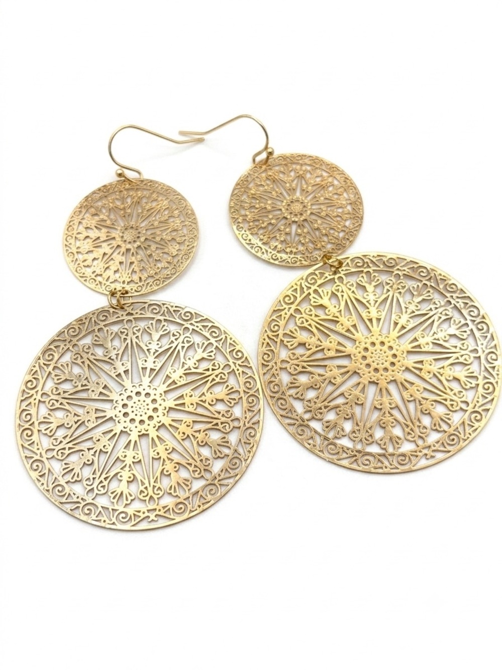 Gold Filigree Double Disc Drop Earrings - Elegant Women Jewelry